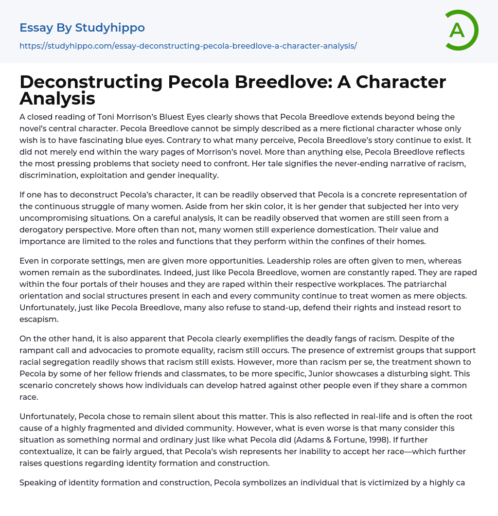 Deconstructing Pecola Breedlove A Character Analysis Essay Example