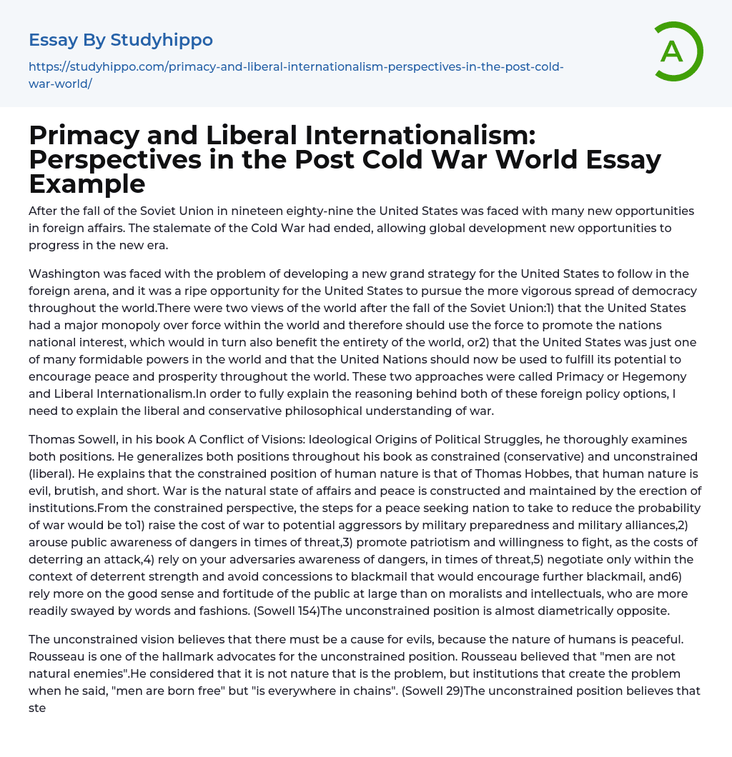 Primacy And Liberal Internationalism Perspectives In The Post Cold War