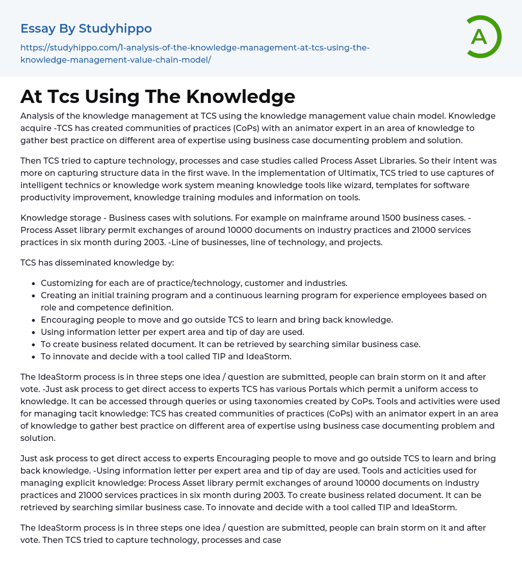 At Tcs Using The Knowledge Essay Example