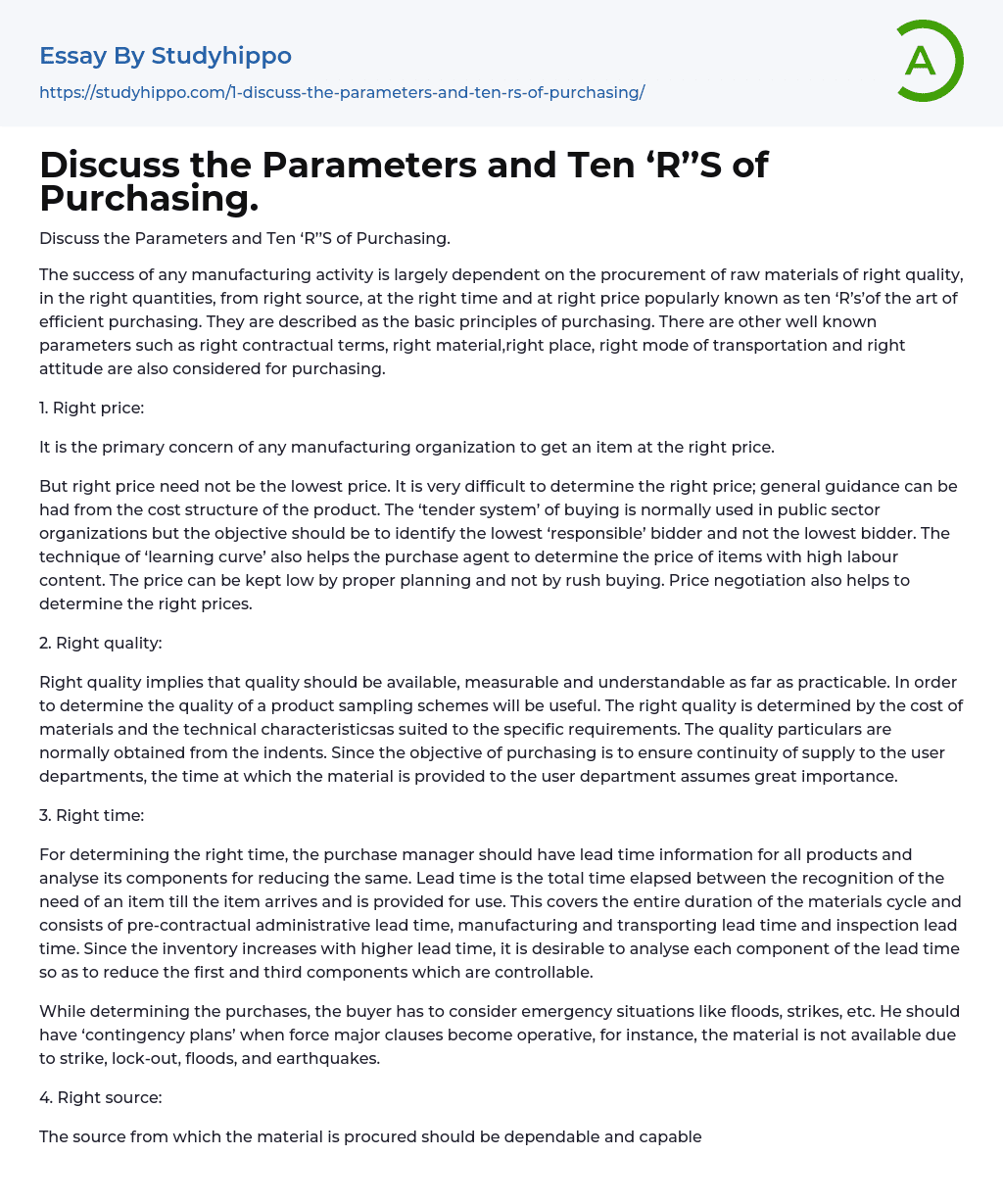 Discuss the Parameters and Ten ‘R’’S of Purchasing. Essay Example