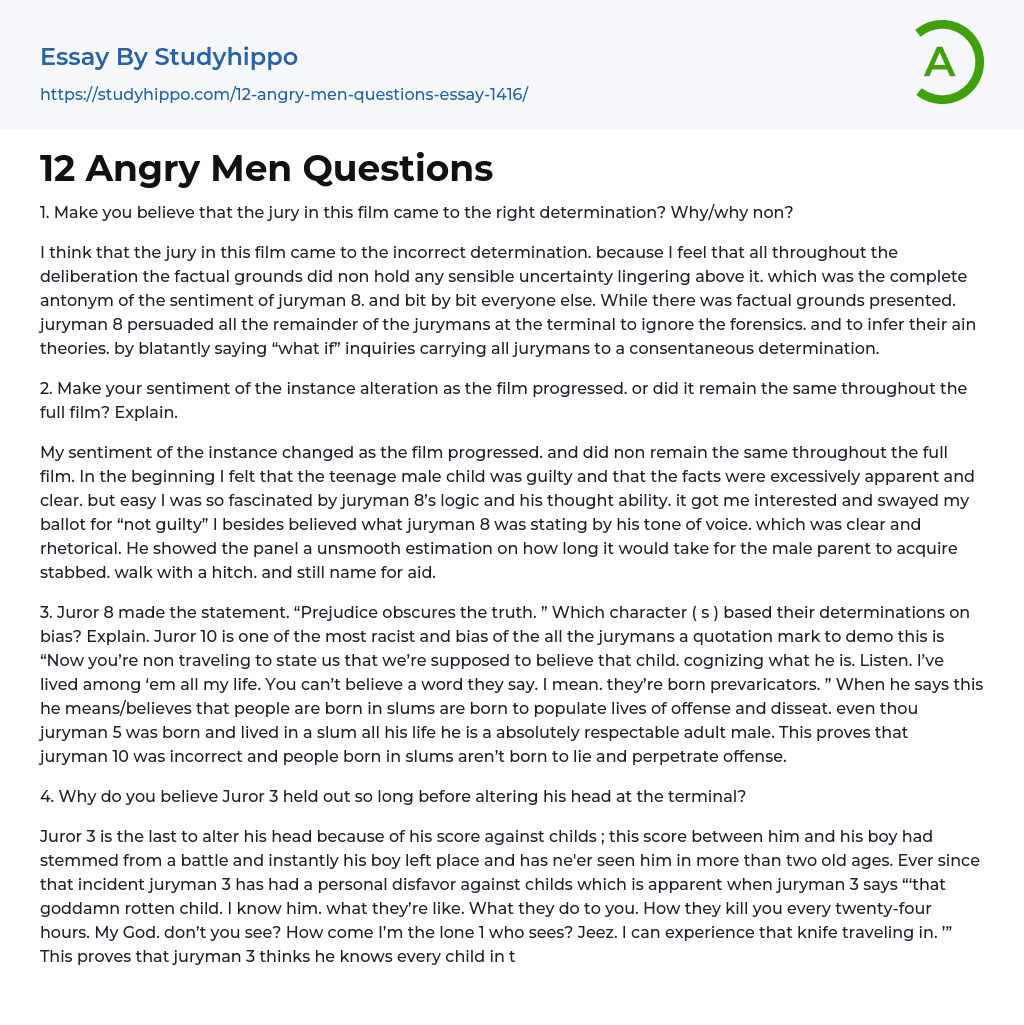 12 Angry Men Questions Essay Example