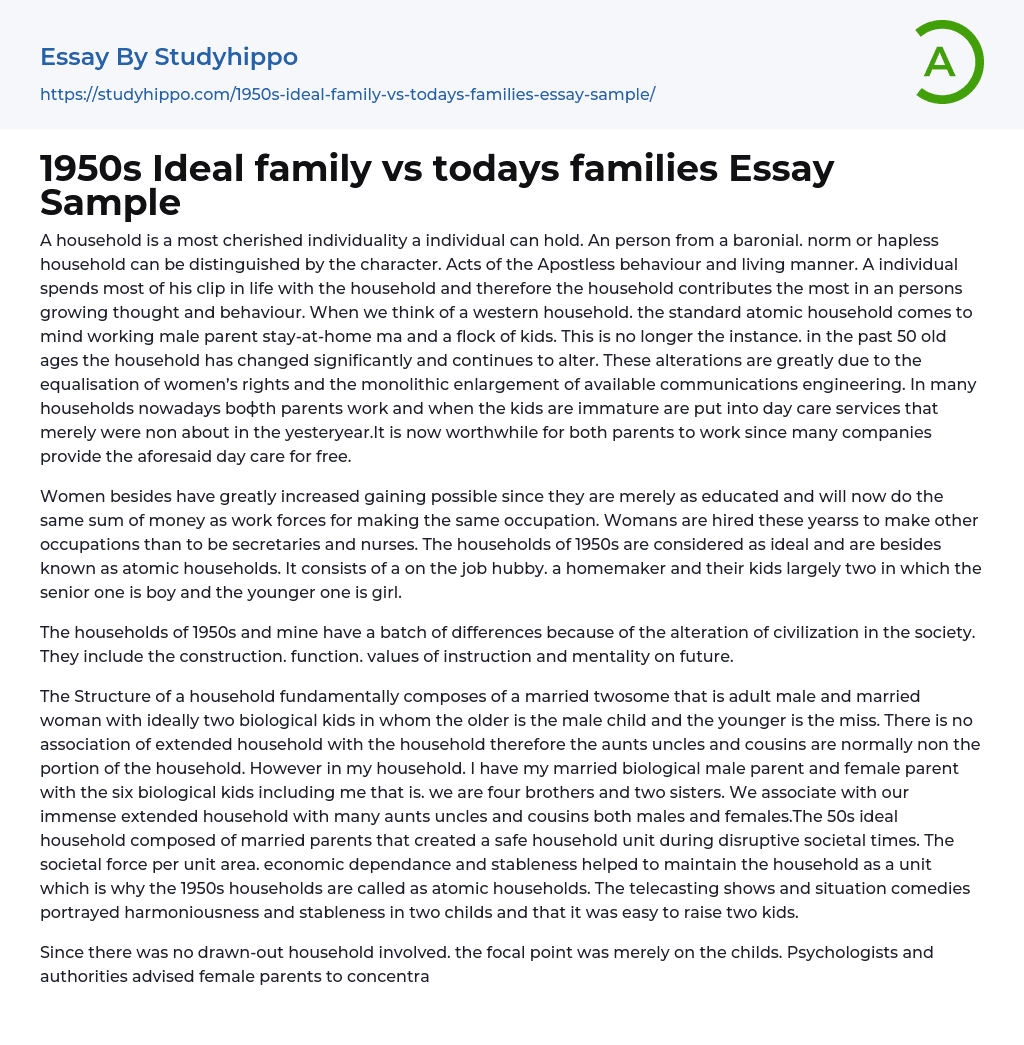 1950s Ideal family vs todays families Essay Sample