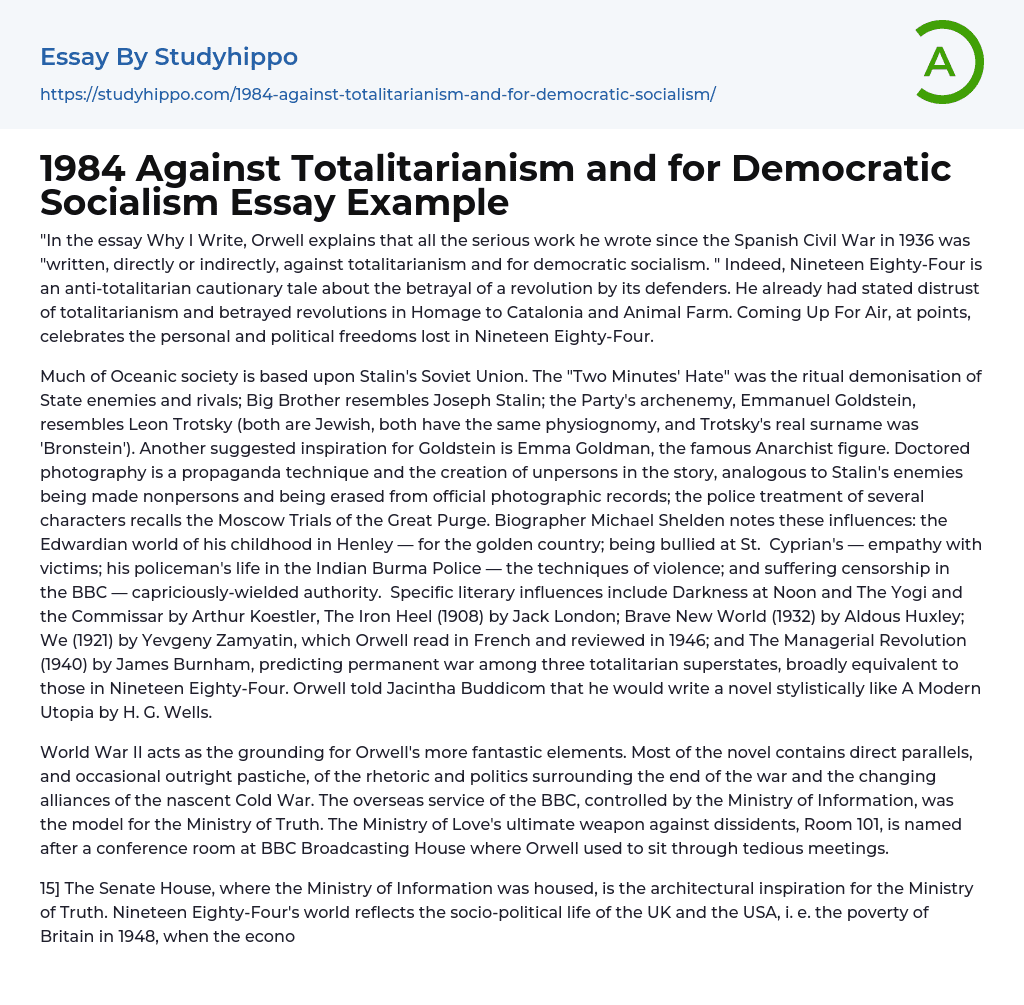 1984 Against Totalitarianism and for Democratic Socialism Essay Example