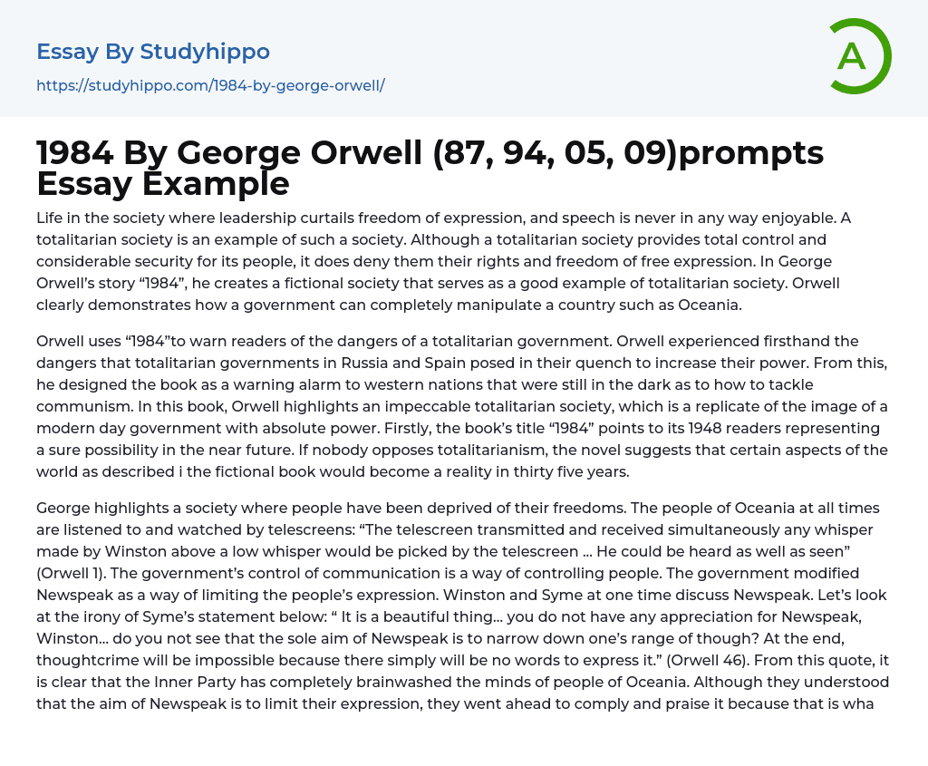 1984 By George Orwell (87, 94, 05, 09)prompts Essay Example