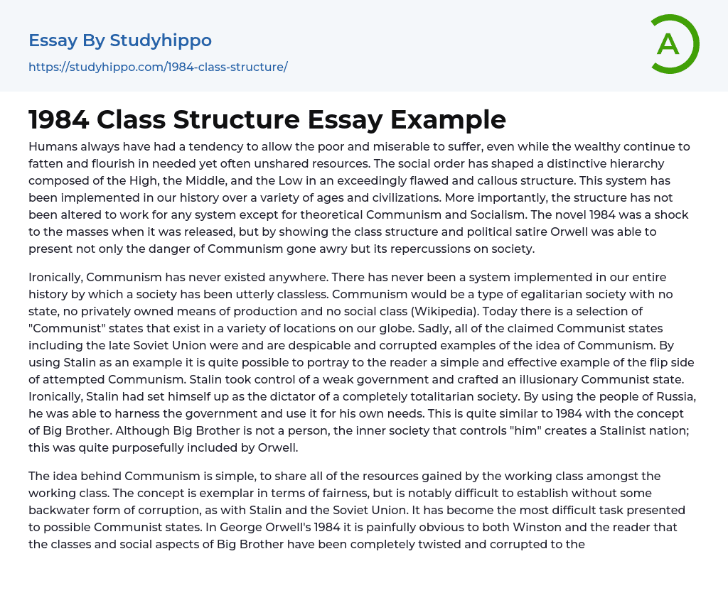1984 Class Structure Essay Example