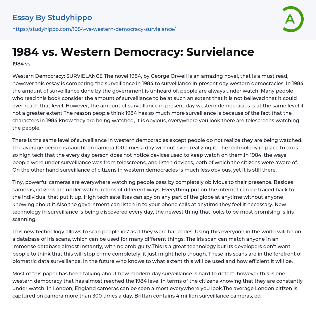 1984 vs. Western Democracy: Survielance Essay Example