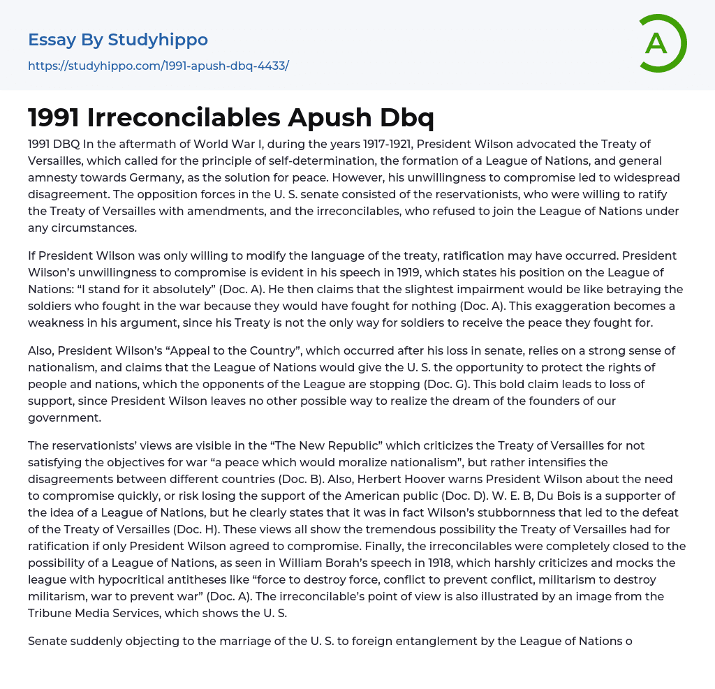 1991 Irreconcilables Apush Dbq Essay Example