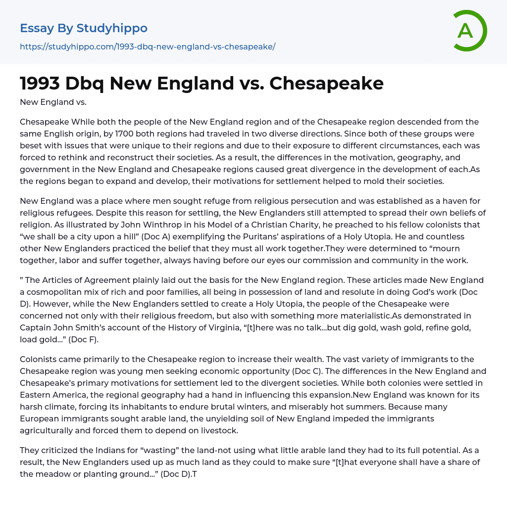 1993 Dbq New England vs. Chesapeake Essay Example