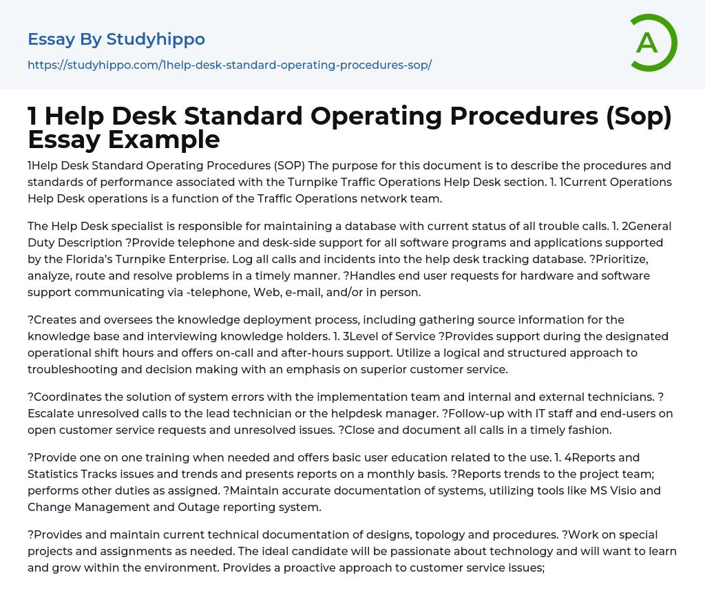 1 Help Desk Standard Operating Procedures (Sop) Essay Example