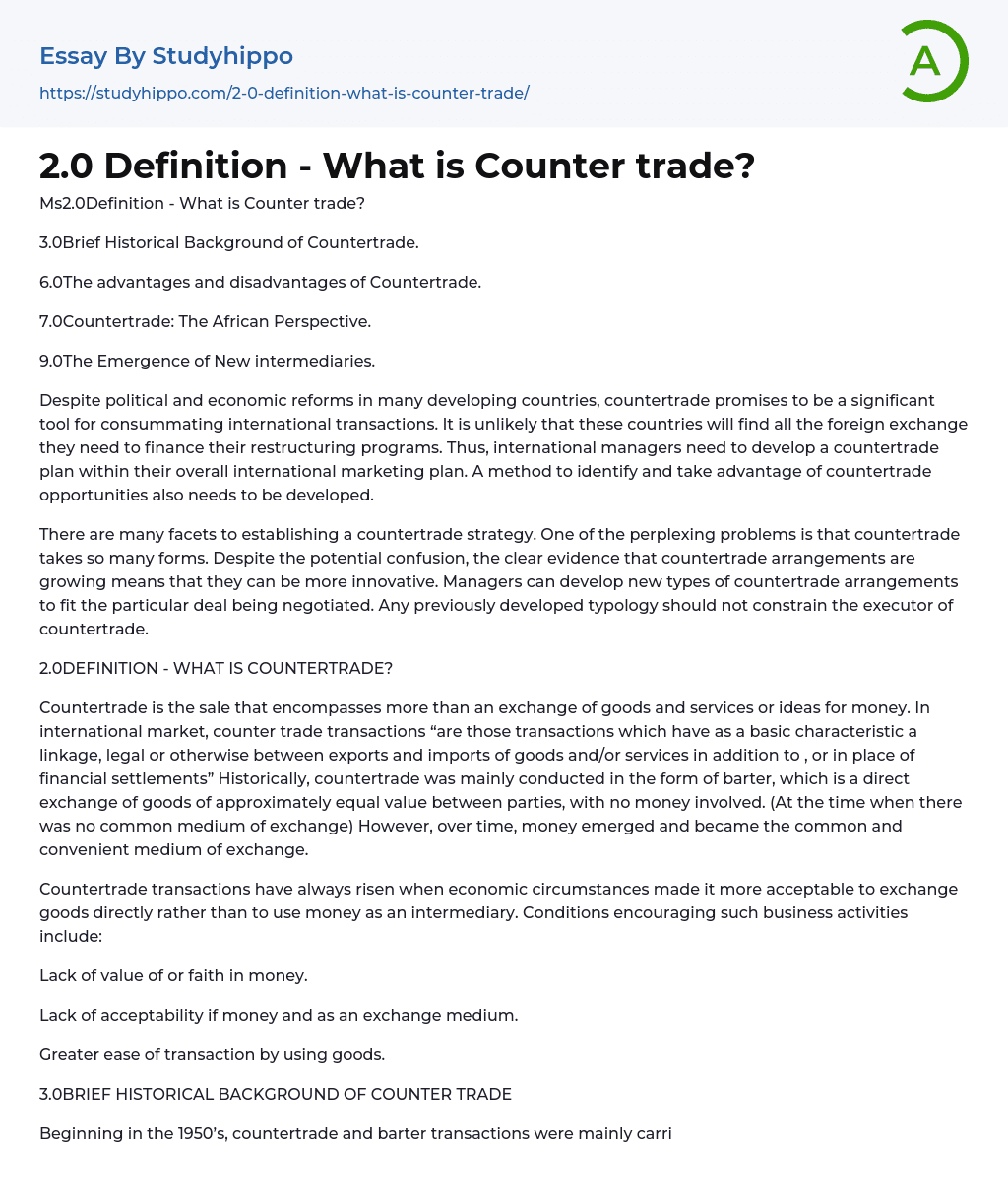 What Is Counter Trade? Essay Example