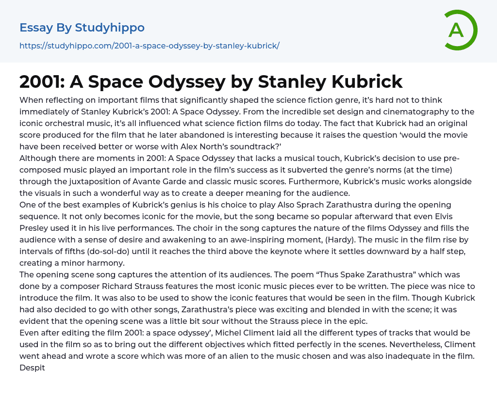 2001: A Space Odyssey by Stanley Kubrick Essay Example