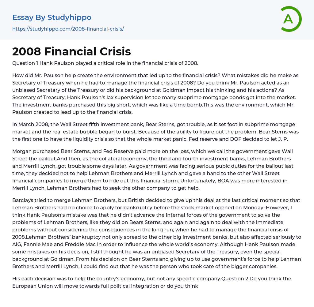 2008 Financial Crisis Essay Example