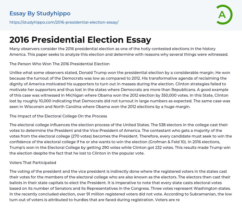2016 Presidential Election Essay