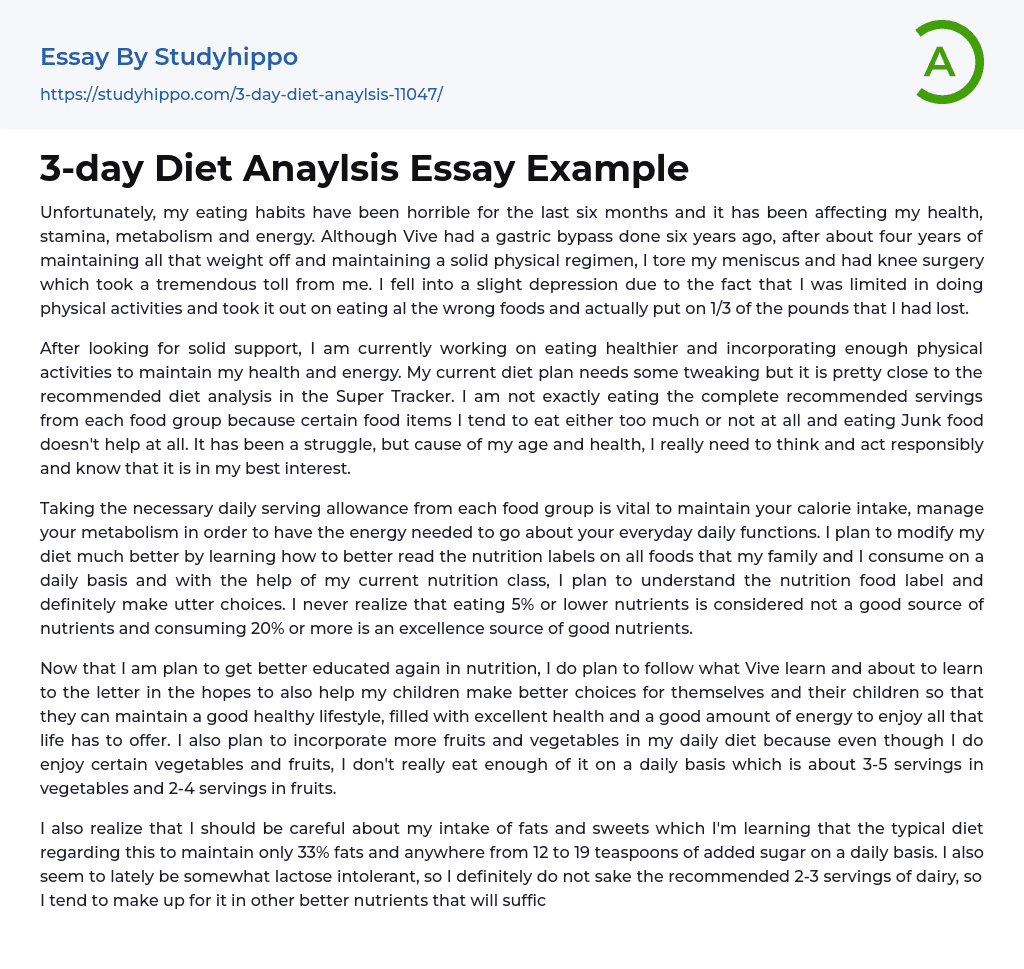3-day Diet Anaylsis Essay Example