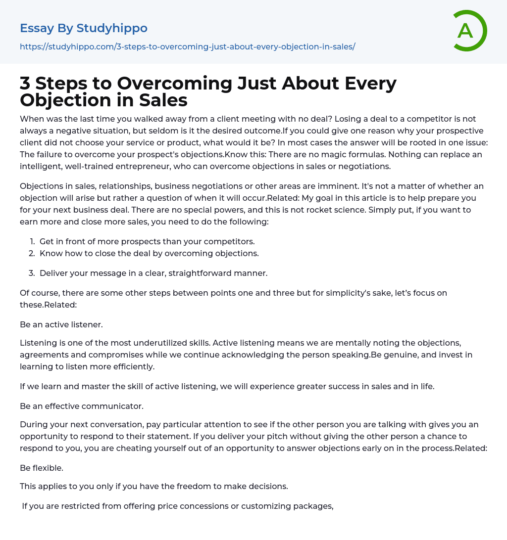 3 Steps to Overcoming Just About Every Objection in Sales Essay Example