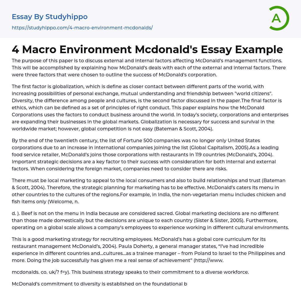 4 Macro Environment Mcdonald’s Essay Example