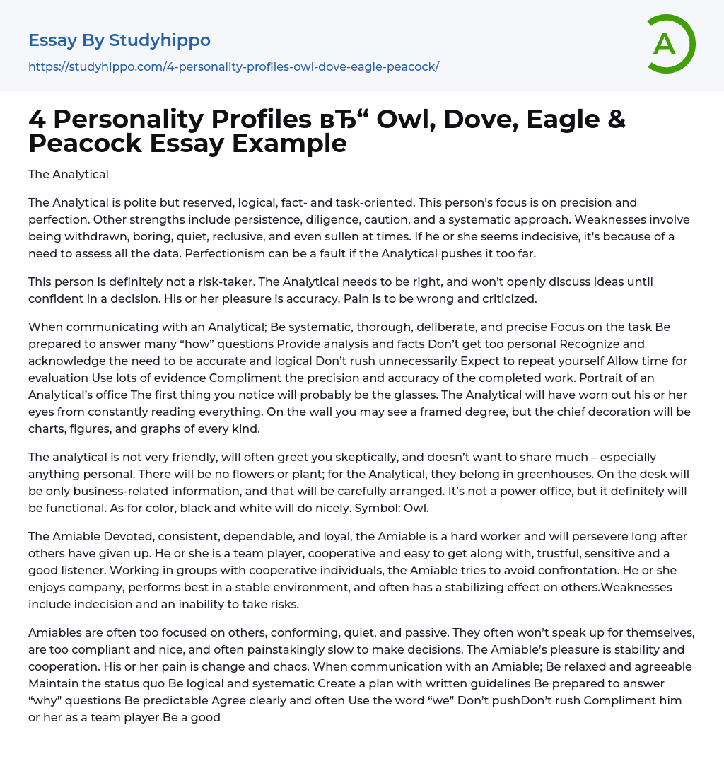 4 Personality Profiles Owl, Dove, Eagle & Peacock Essay Example