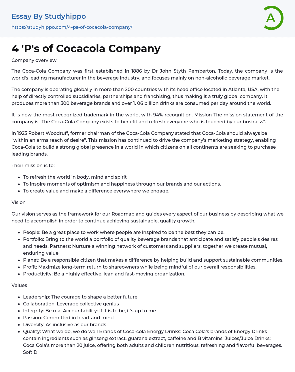 4 ‘P’s of Cocacola Company Essay Example