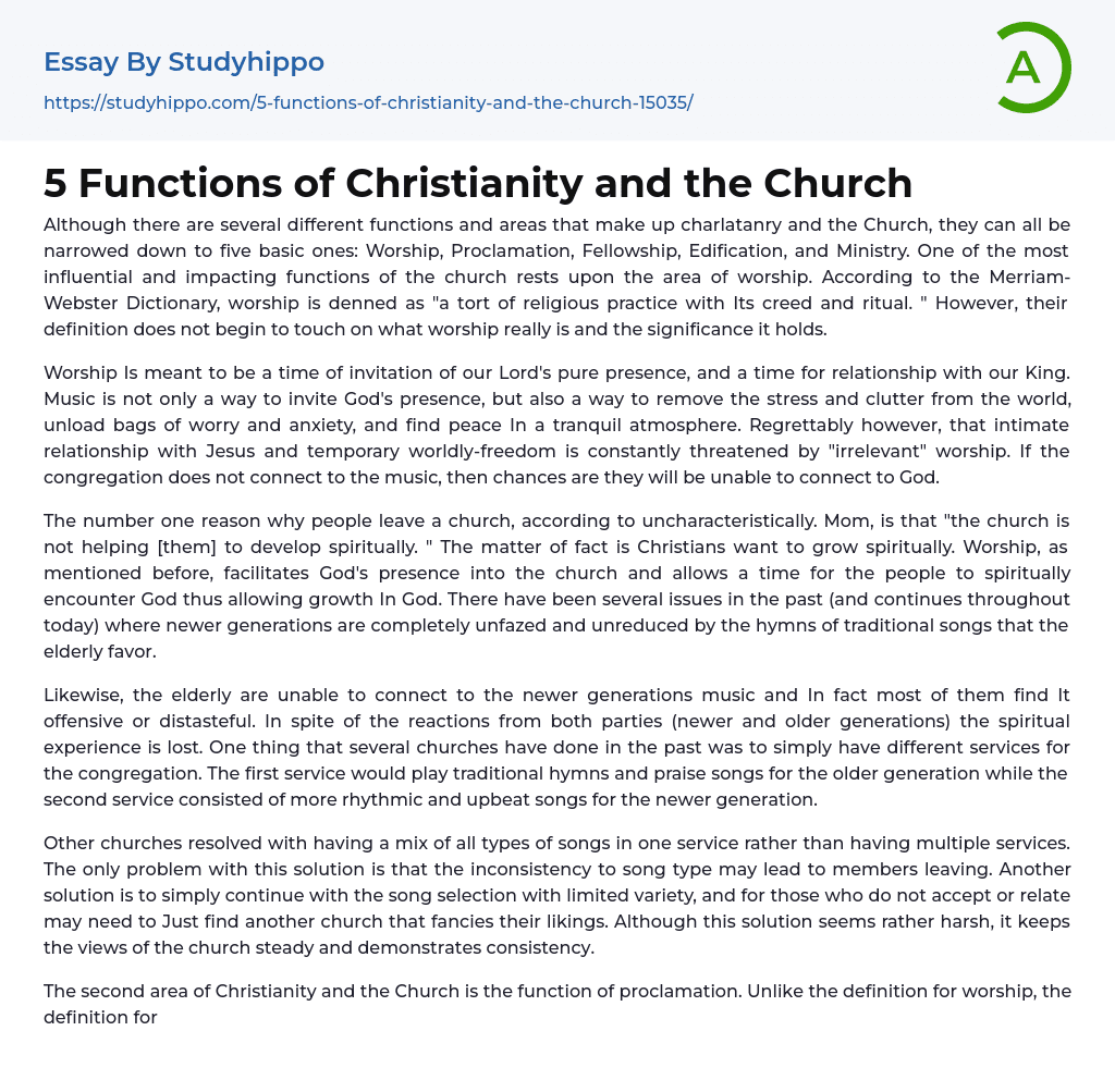 5 Functions of Christianity and the Church Essay Example
