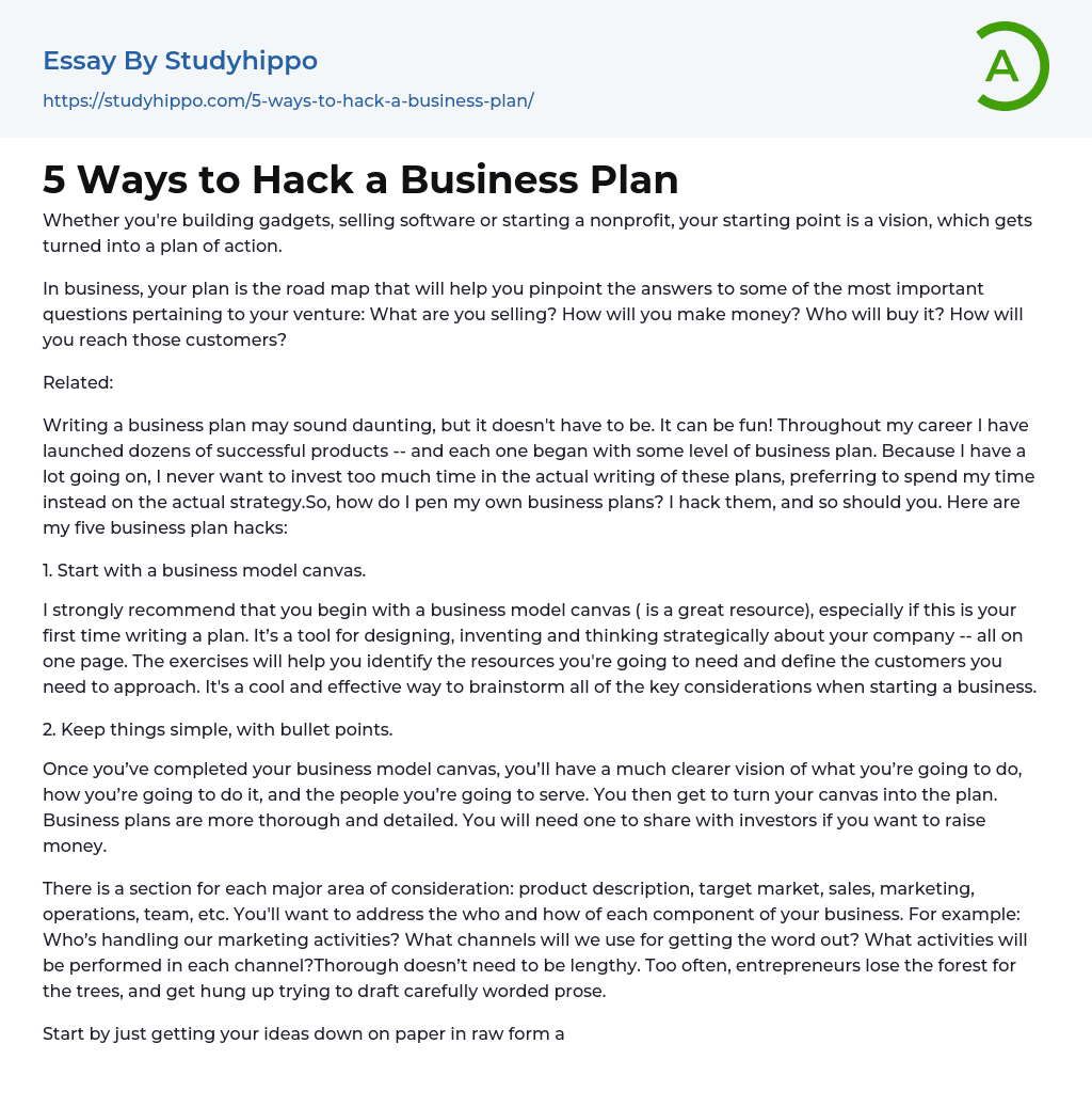 5 Ways to Hack a Business Plan Essay Example