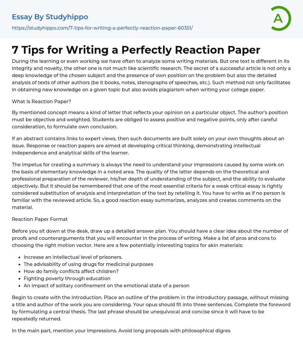 7 Tips for Writing a Perfectly Reaction Paper Essay Example