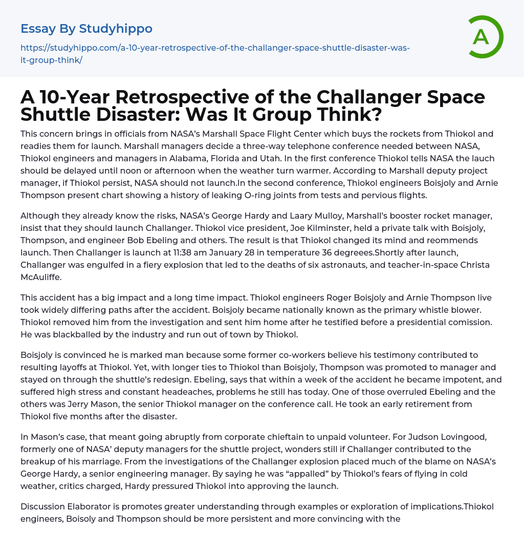 A 10-Year Retrospective of the Challanger Space Shuttle Disaster: Was It Group Think? Essay Example