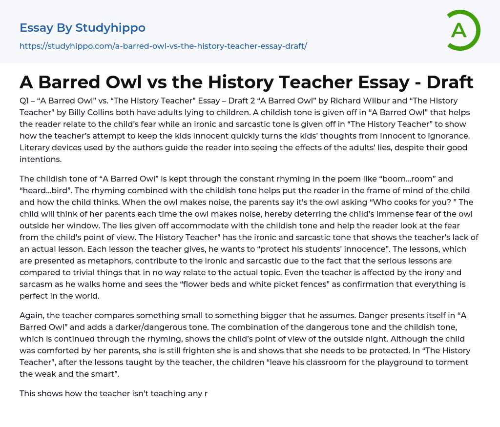 A Barred Owl vs the History Teacher Essay – Draft