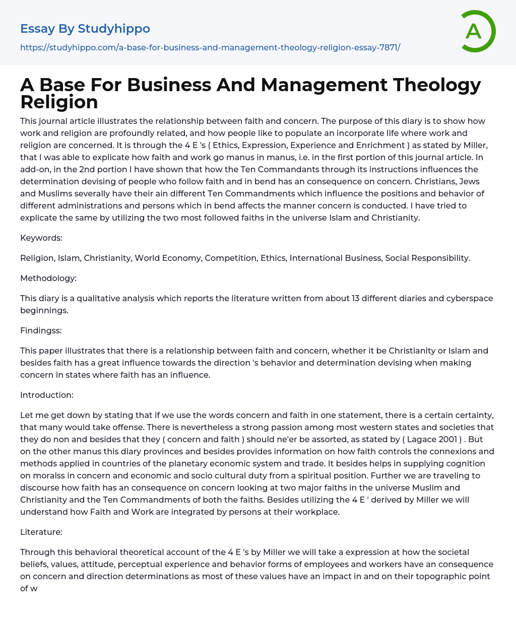 A Base For Business And Management Theology Religion Essay Example