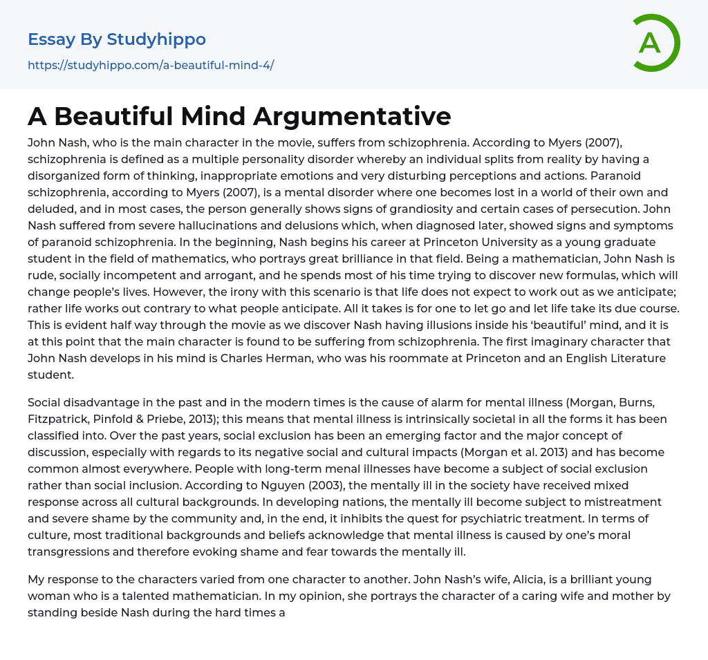 A Beautiful Mind Argumentative Essay Example
