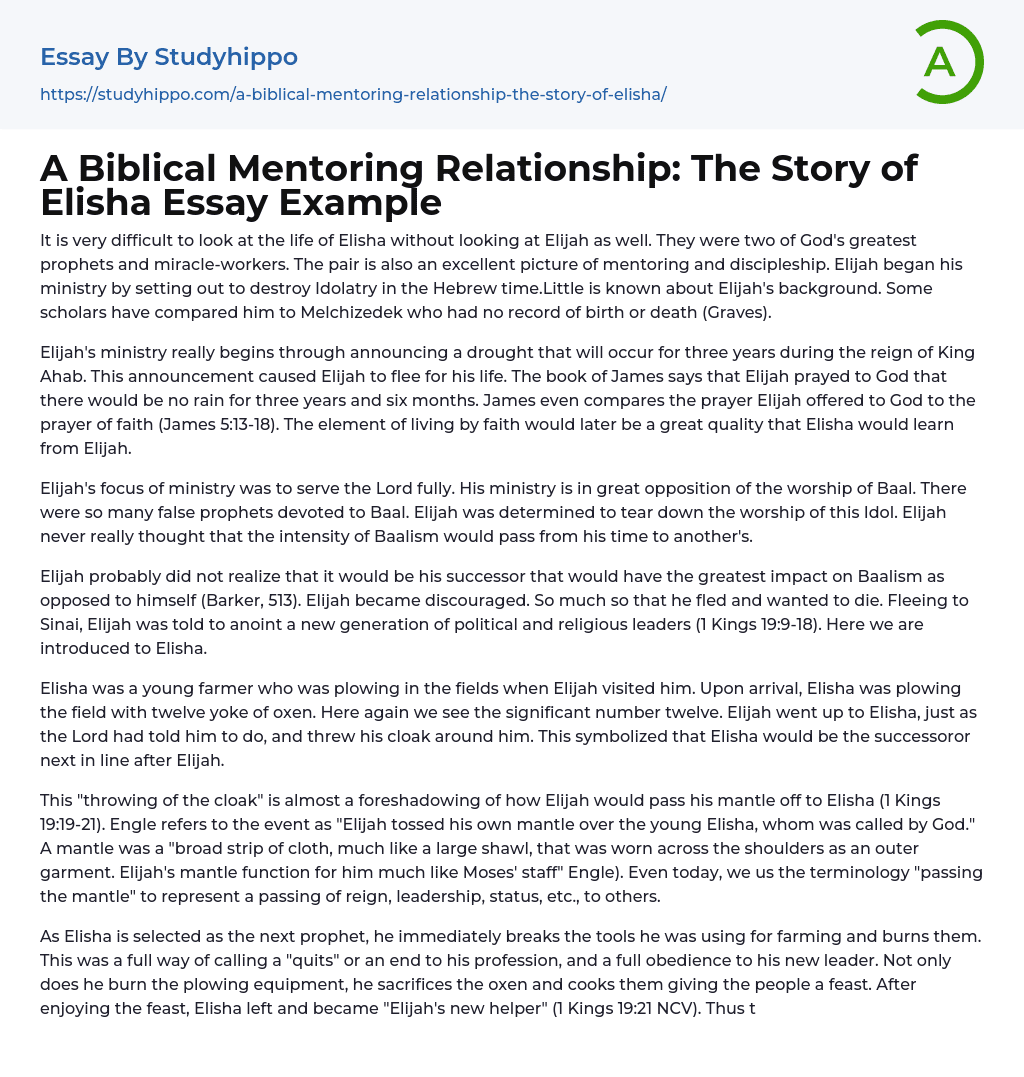 A Biblical Mentoring Relationship: The Story of Elisha Essay Example