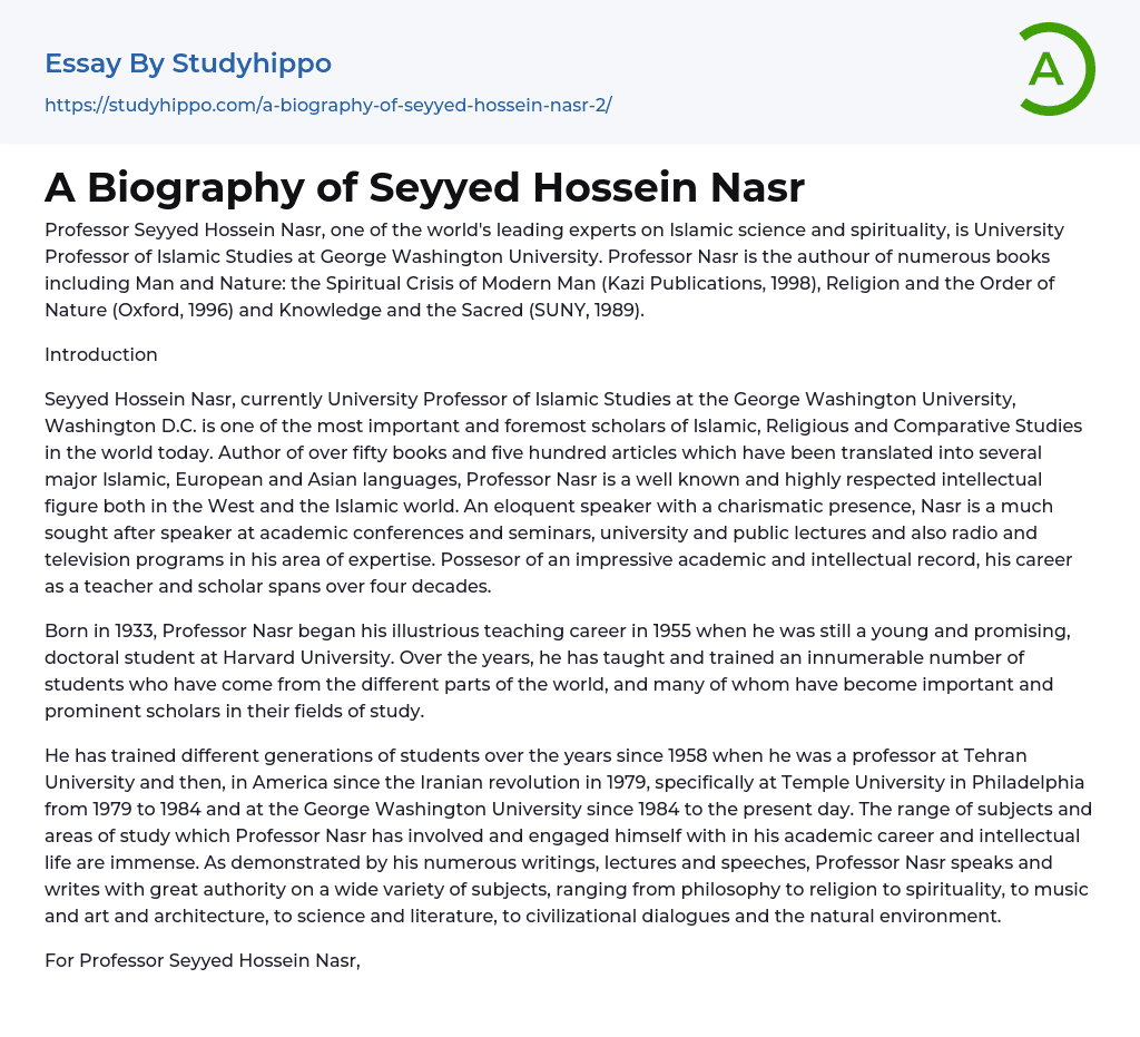 A Biography of Seyyed Hossein Nasr Essay Example