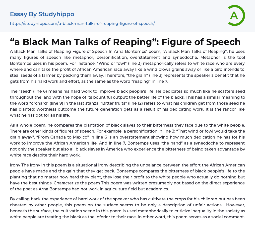 “a Black Man Talks of Reaping”: Figure of Speech Essay Example