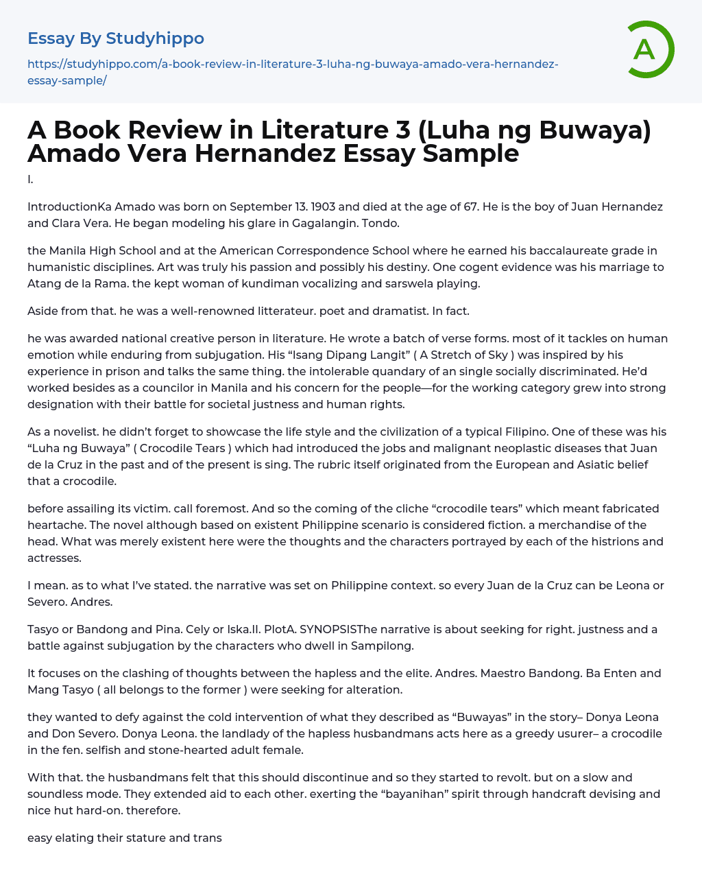 A Book Review in Literature 3 (Luha ng Buwaya) Amado Vera Hernandez Essay Sample