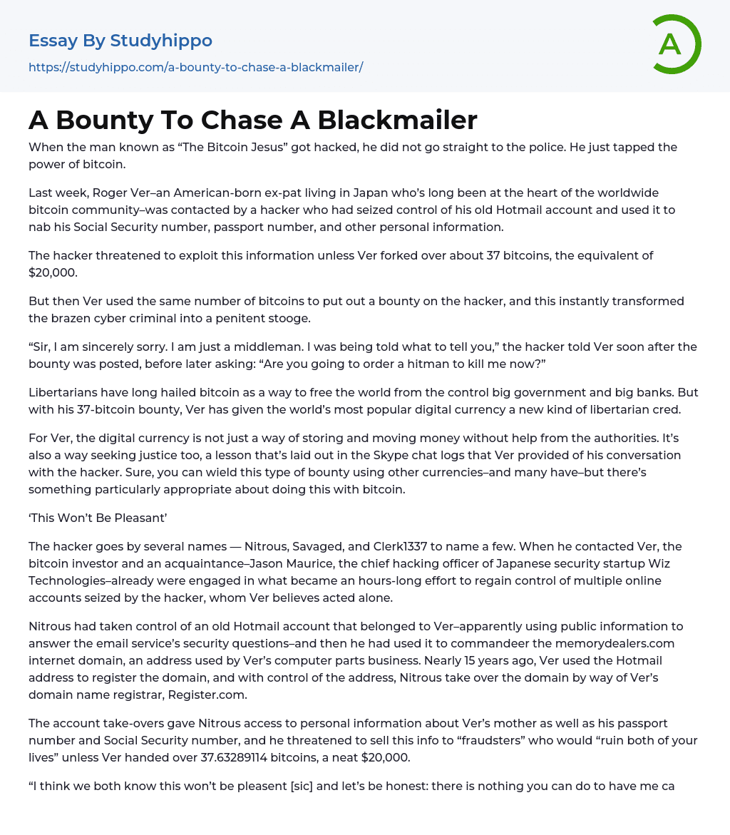 A Bounty To Chase A Blackmailer Essay Example