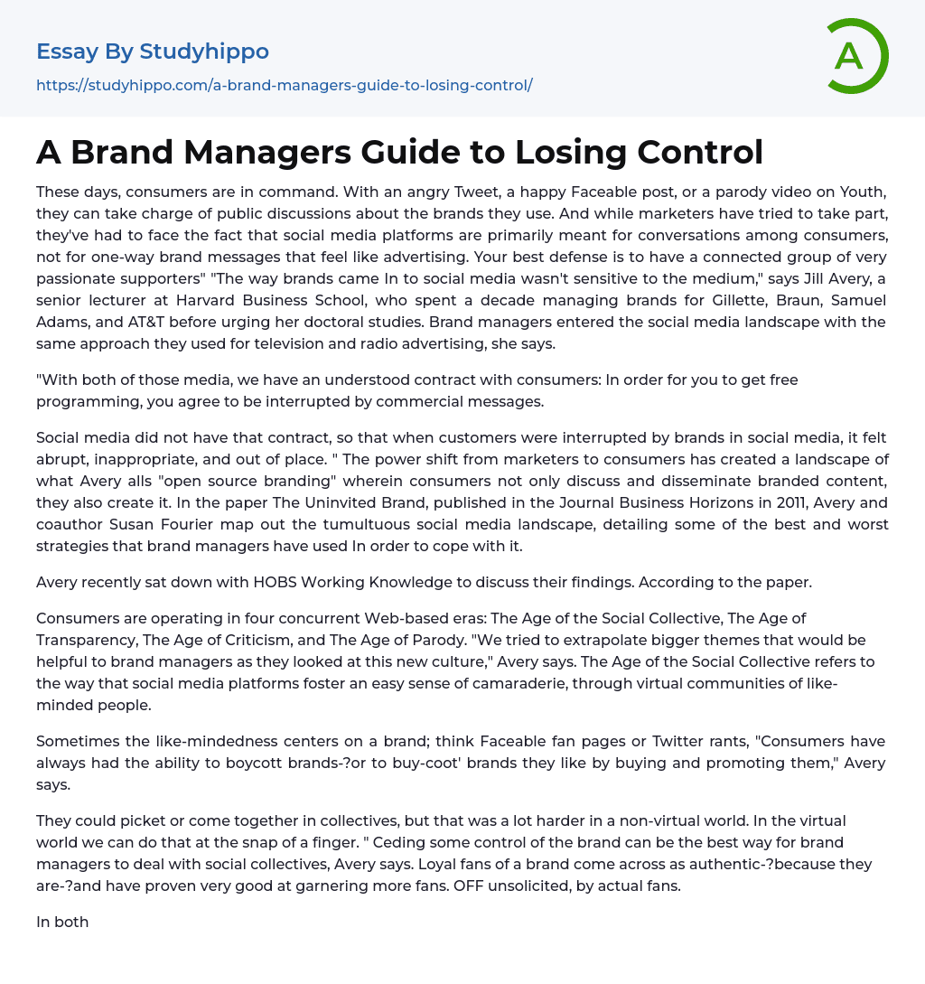 A Brand Managers Guide to Losing Control Essay Example