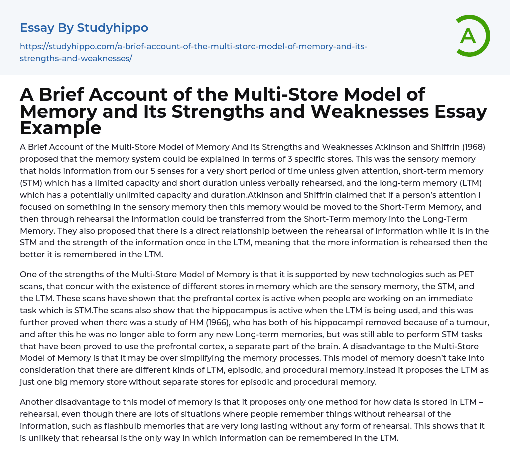 A Brief Account of the Multi-Store Model of Memory and Its Strengths and Weaknesses Essay Example