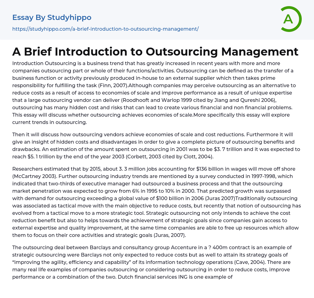 A Brief Introduction to Outsourcing Management Essay Example