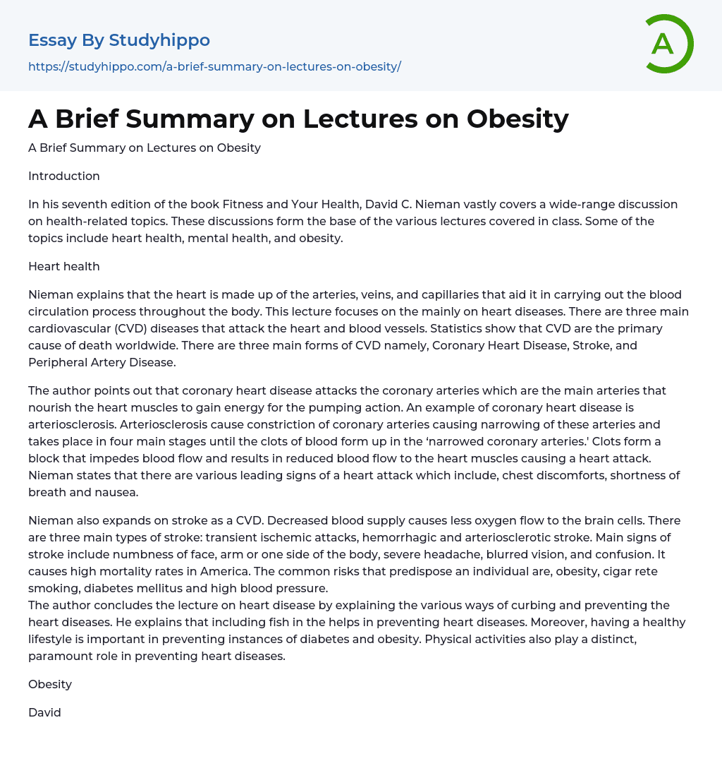 A Brief Summary on Lectures on Obesity Essay Example