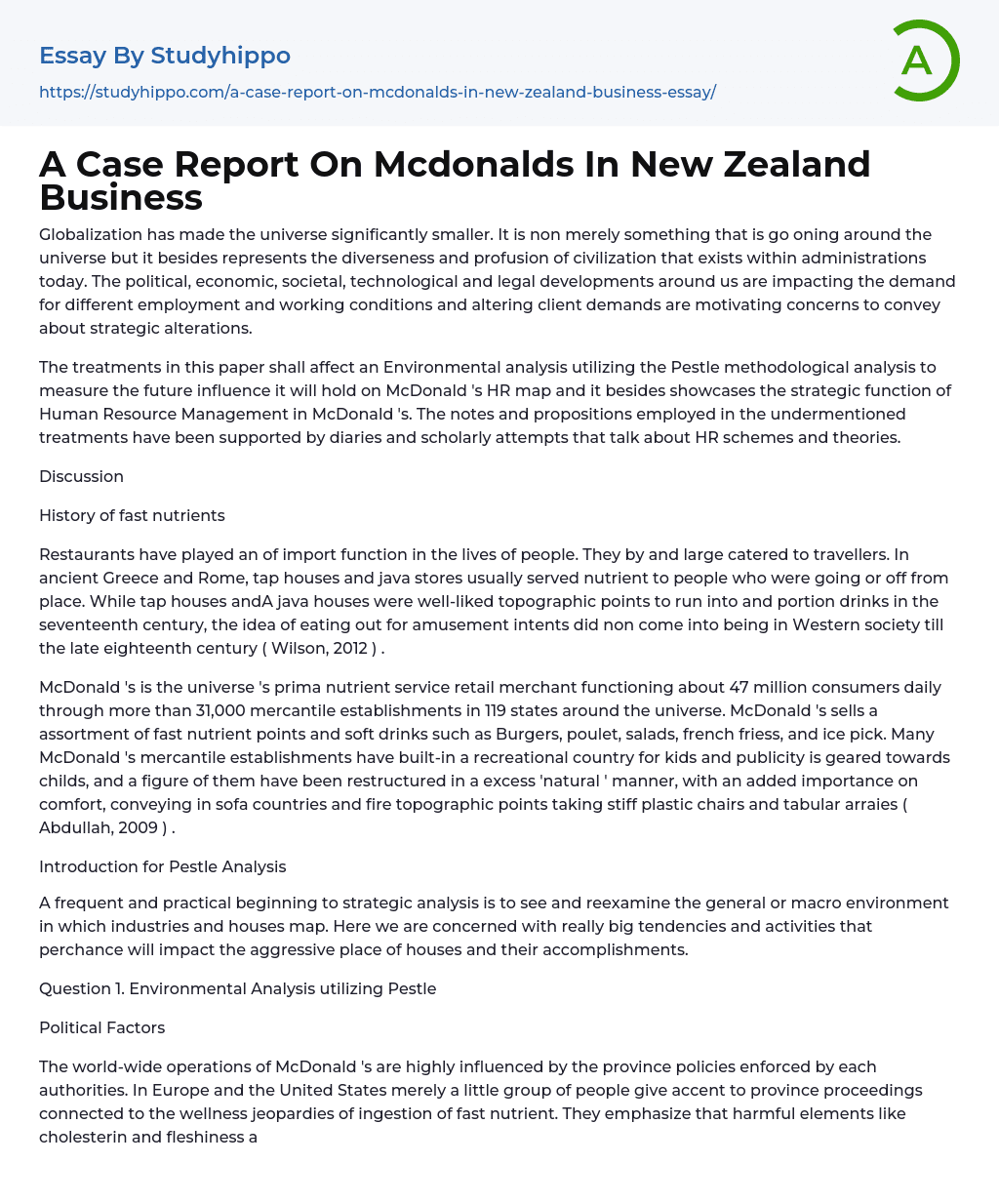 A Case Report On Mcdonalds In New Zealand Business Essay Example