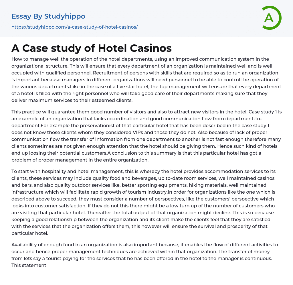 A Case study of Hotel Casinos Essay Example
