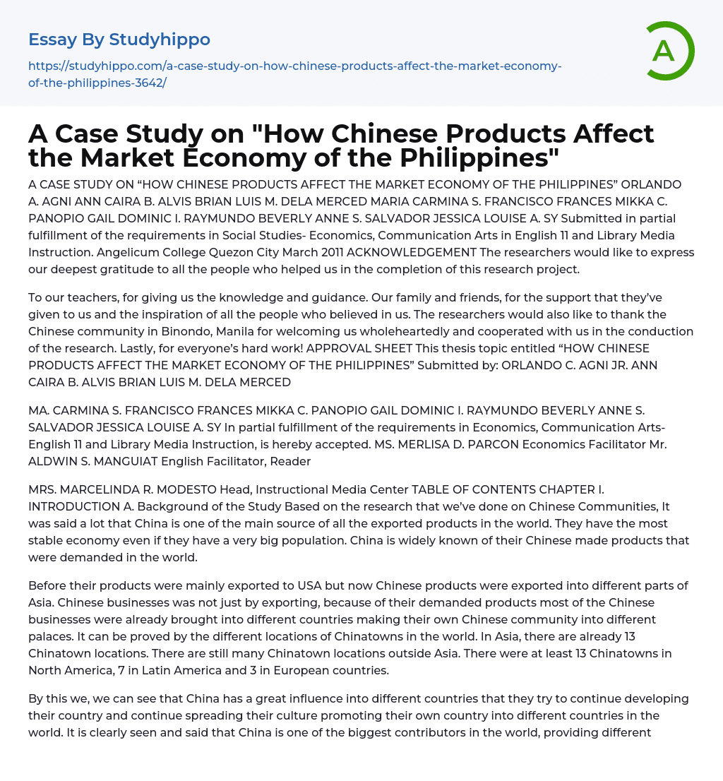 A Case Study on “How Chinese Products Affect the Market Economy of the Philippines” Essay Example