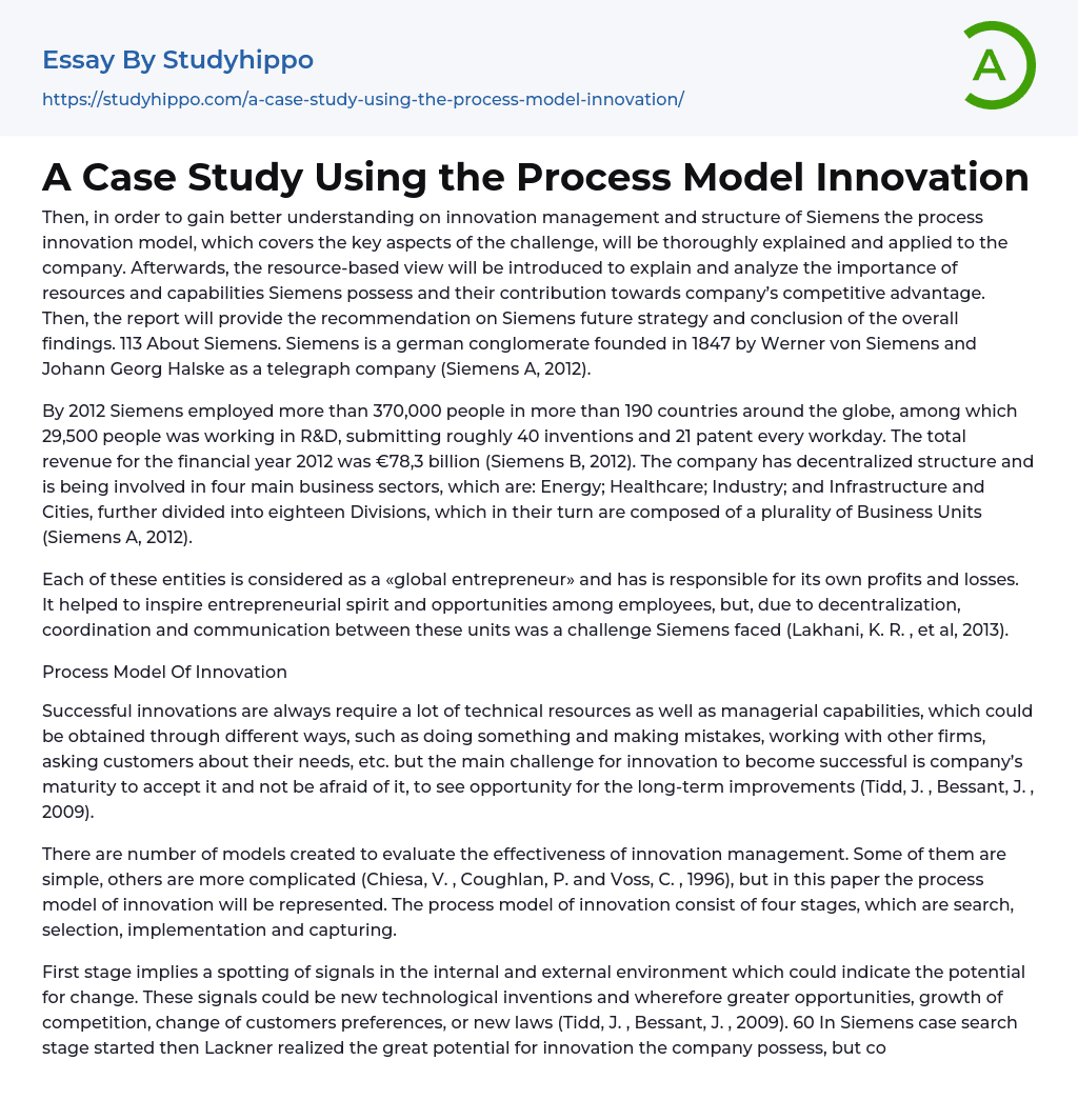 A Case Study Using the Process Model Innovation Essay Example