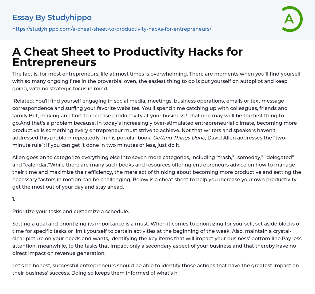 A Cheat Sheet to Productivity Hacks for Entrepreneurs Essay Example