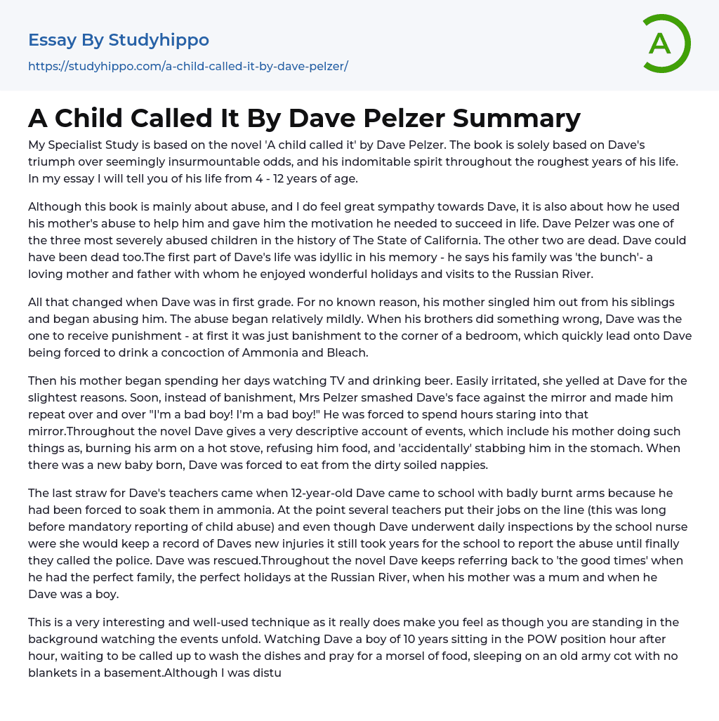 A Child Called It By Dave Pelzer Summary Essay Example StudyHippo