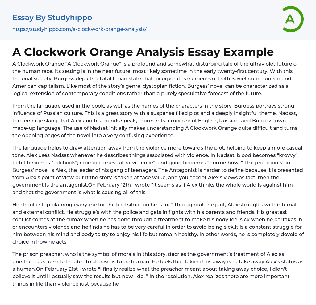 A Clockwork Orange Analysis Essay Example