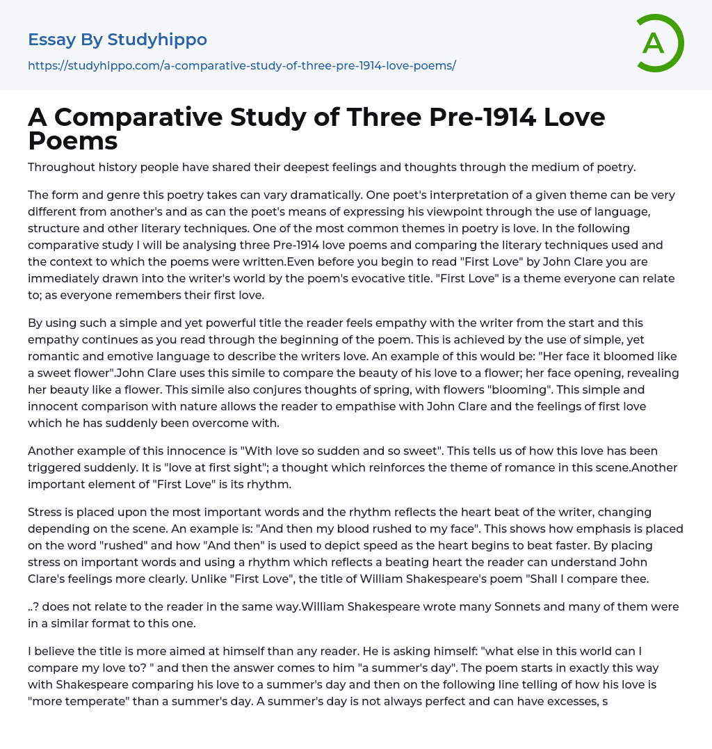 A Comparative Study of Three Pre-1914 Love Poems Essay Example