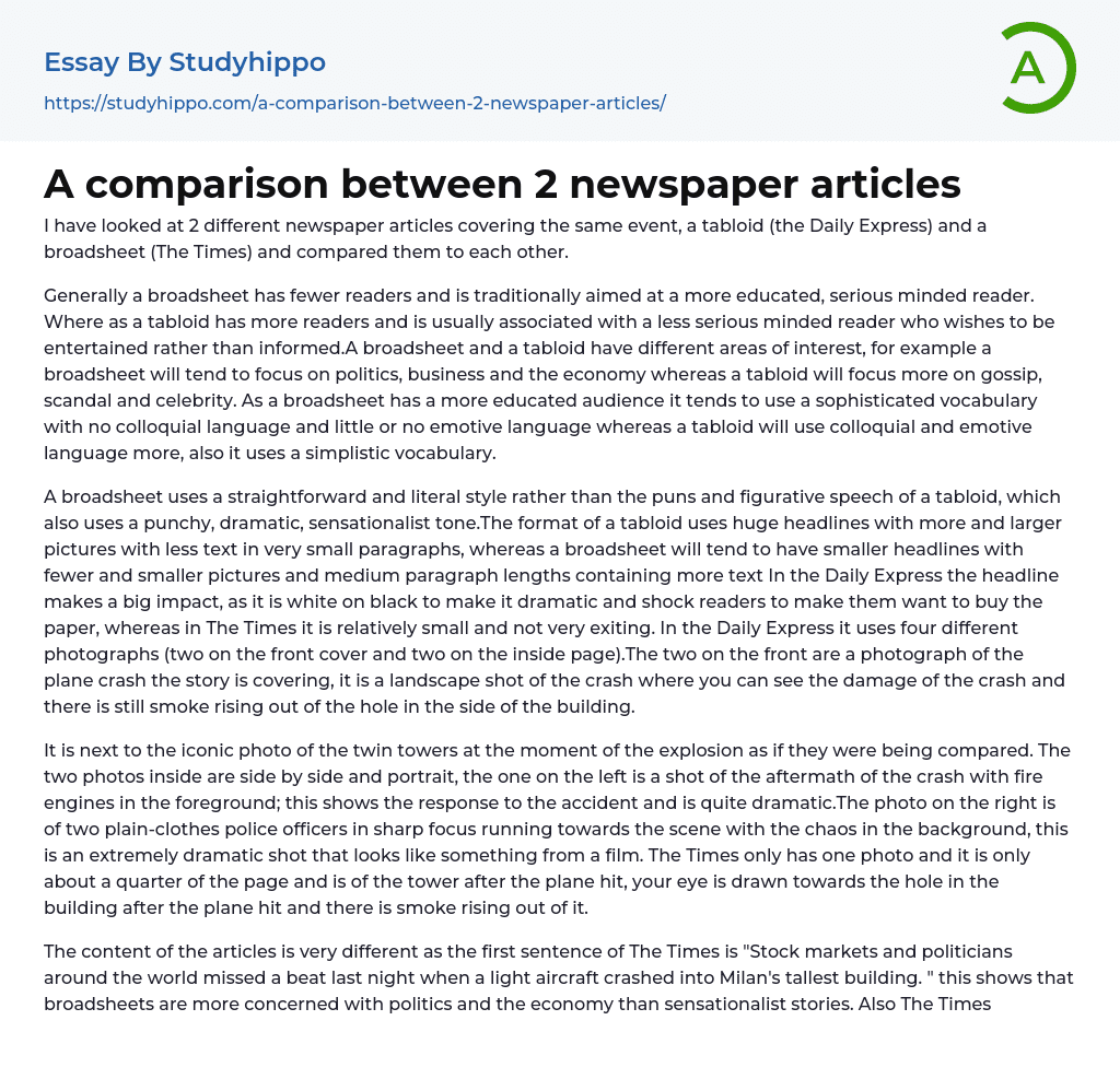 A comparison between 2 newspaper articles Essay Example