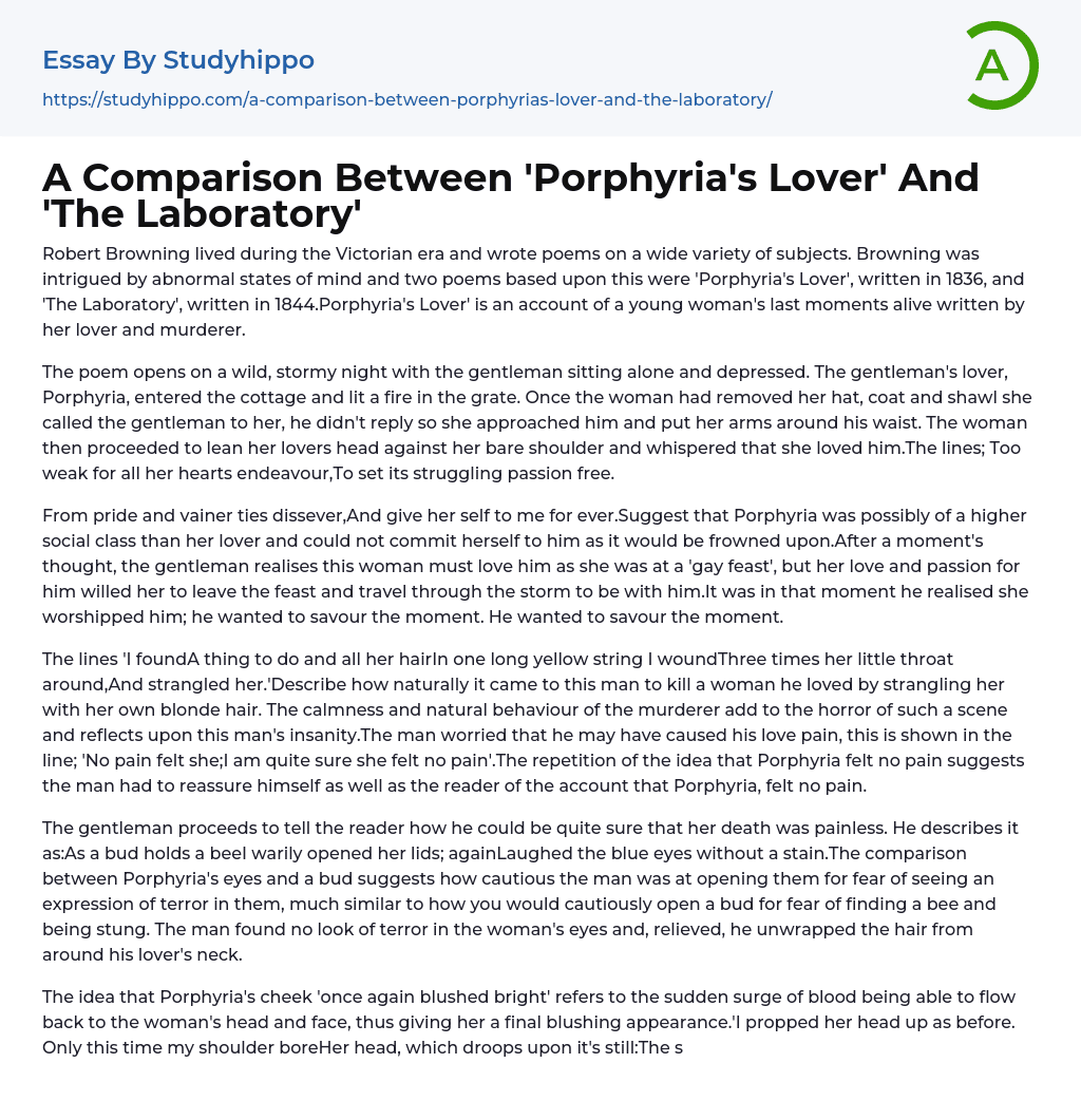 A Comparison Between ‘Porphyria’s Lover’ And ‘The Laboratory’ Essay Example