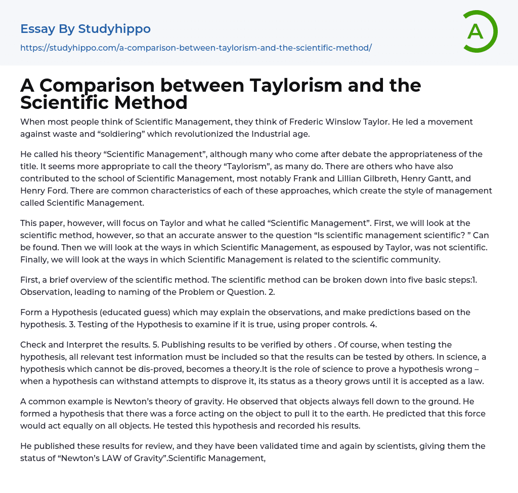 A Comparison between Taylorism and the Scientific Method Essay Example