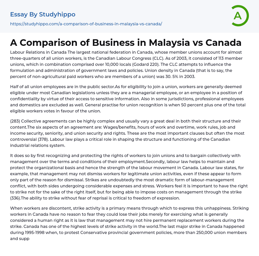 A Comparison of Business in Malaysia vs Canada Essay Example